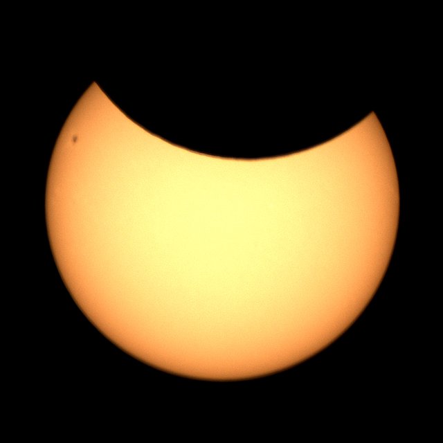 The partial solar elicpse of the 29th of March, 2025, as seen from England, captured using prime focus and a solar filter. Visible sunspot at the top-left.